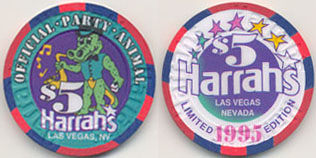 LAS VEGAS  HARRAH'S  $5  PARTY ANIMAL 1995  CASINO    CHIP 